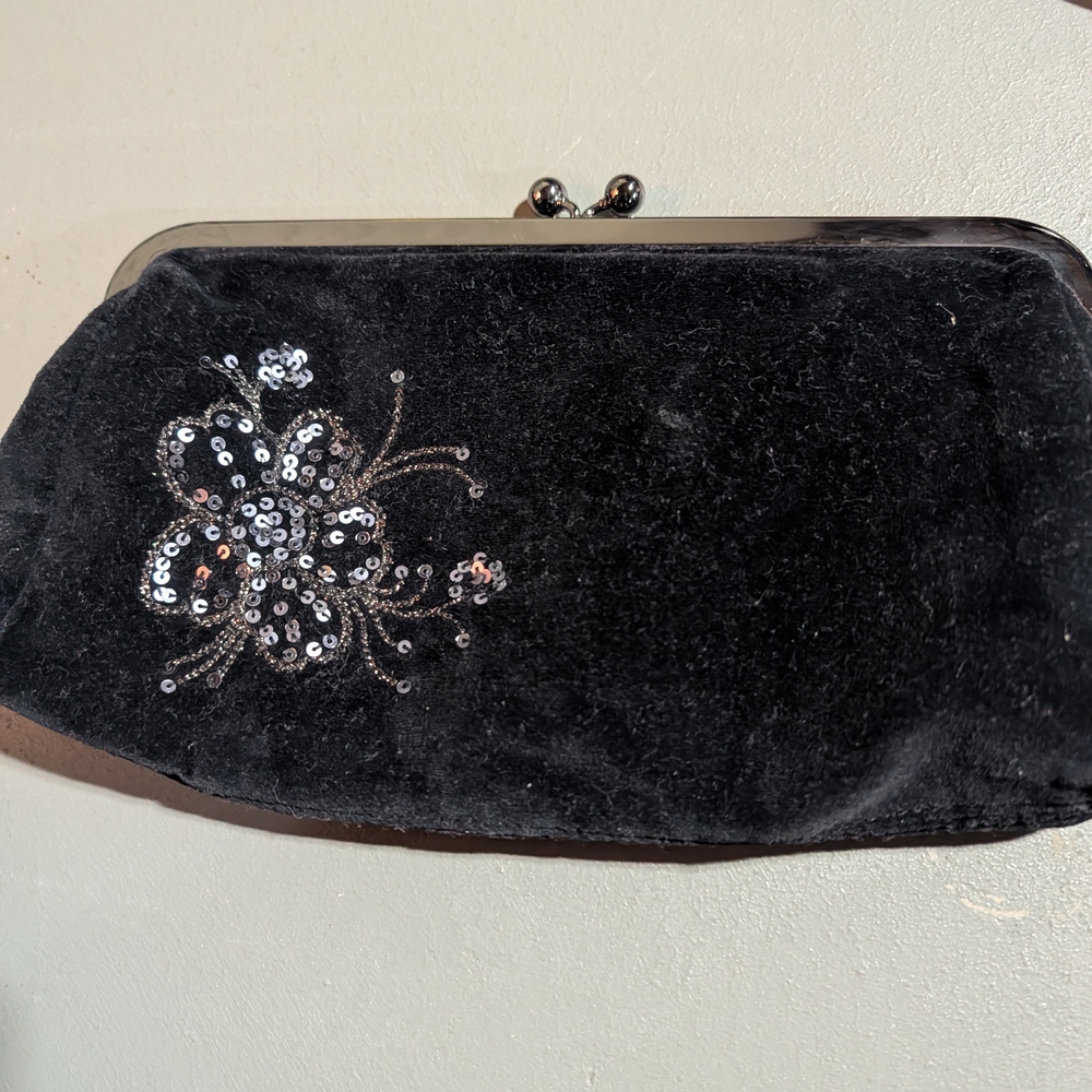 Express Black Clutch with Silver Sequin Floral Accent